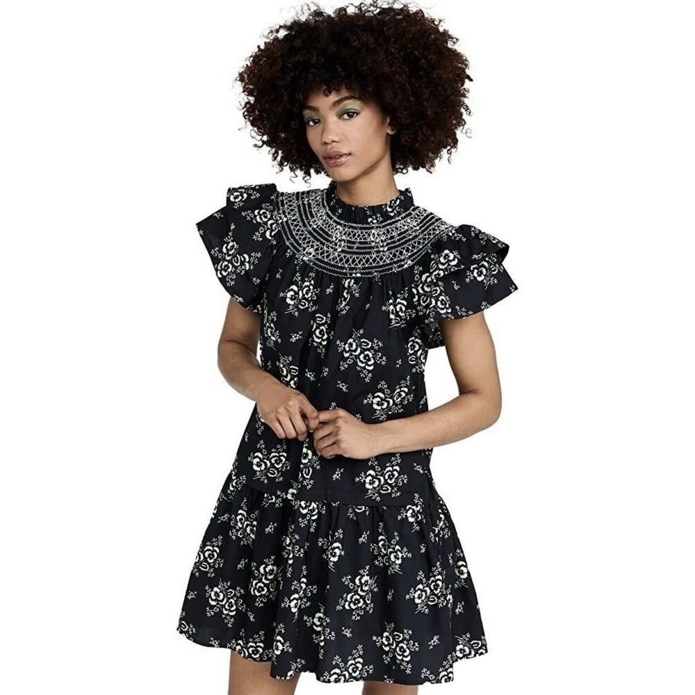 Sea New York Alessia Tunic Dress Black Floral Mini XS Embroidered Cottagecore